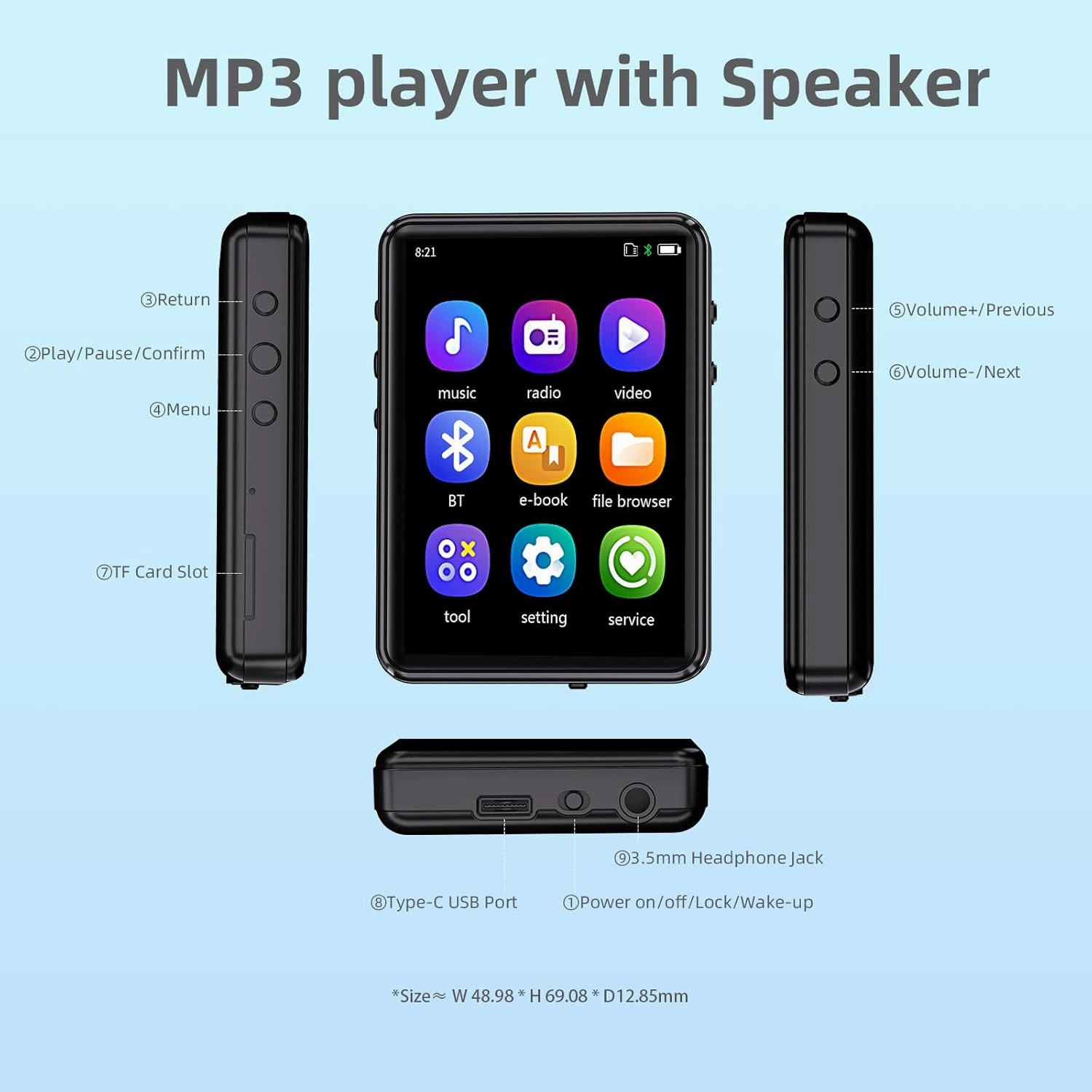 MP3 Player with Bluetooth 5.3,Full Touch Screen Portable HiFi Music Player Devices with Speaker,FM Radio, Headphones,SD Card Slot,up to 128GB Expand,Black,64GB