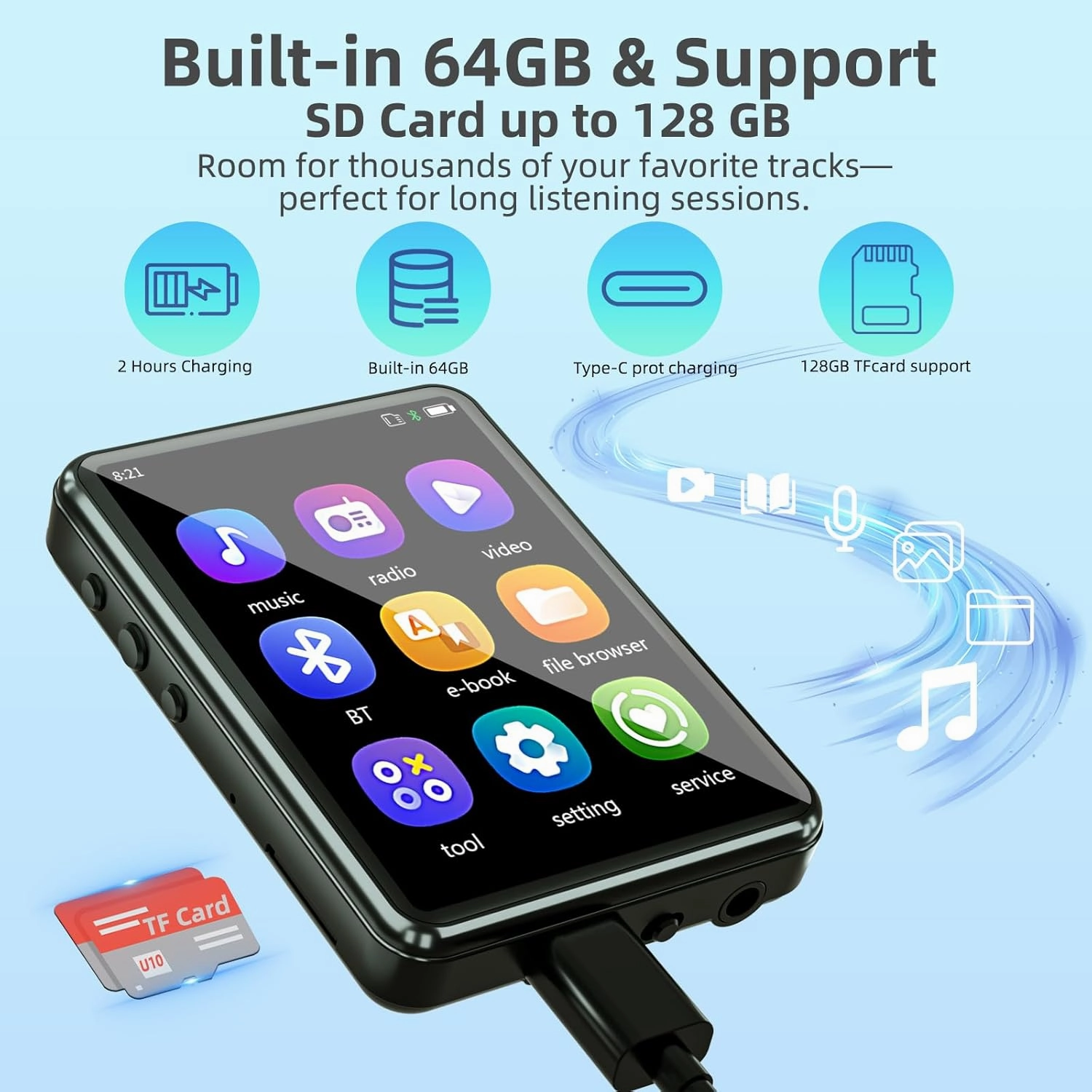 MP3 Player with Bluetooth 5.3,Full Touch Screen Portable HiFi Music Player Devices with Speaker,FM Radio, Headphones,SD Card Slot,up to 128GB Expand,Black,64GB