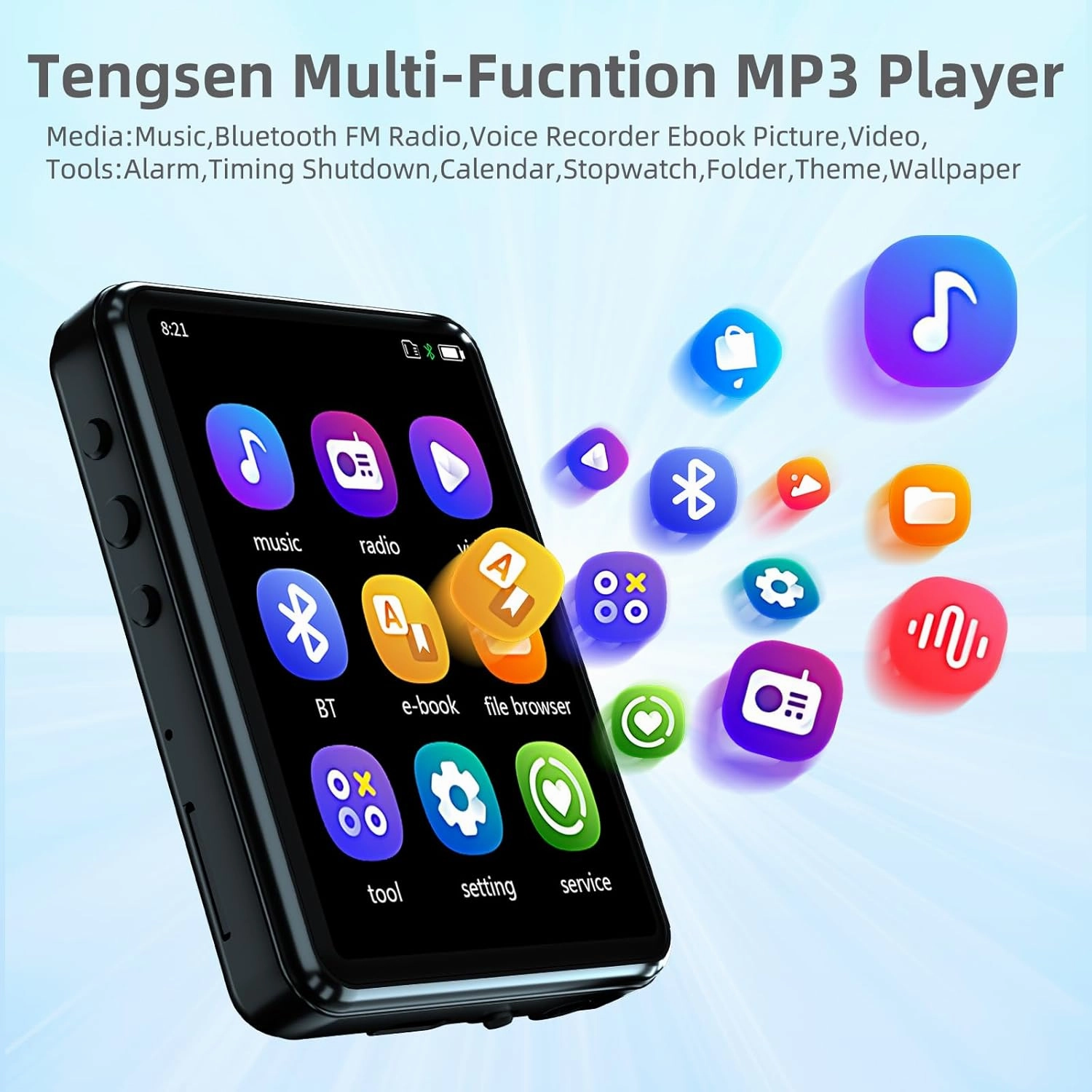 MP3 Player with Bluetooth 5.3,Full Touch Screen Portable HiFi Music Player Devices with Speaker,FM Radio, Headphones,SD Card Slot,up to 128GB Expand,Black,64GB