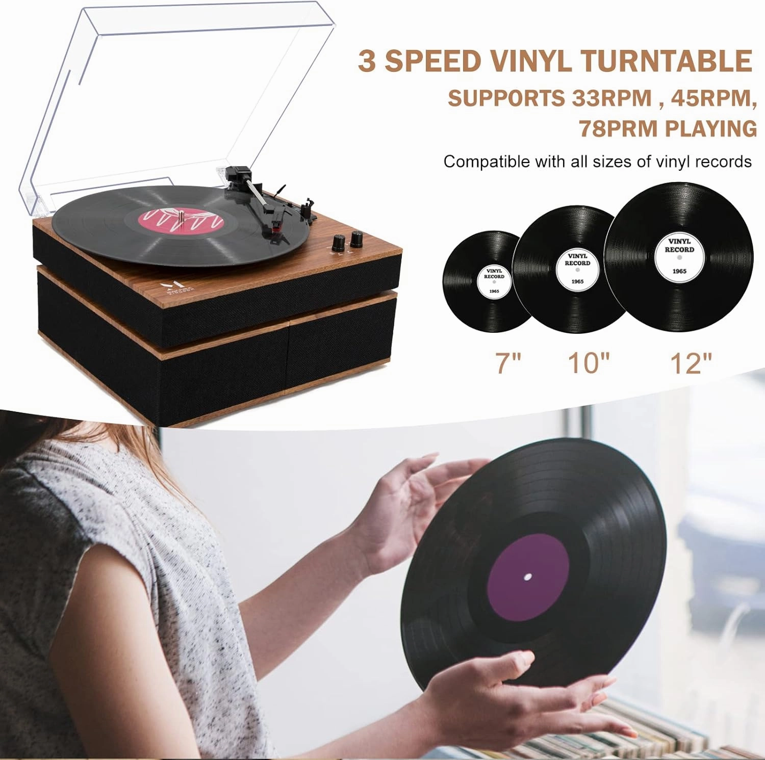 MPK Bluetooth Record Player,Turntable HiFi System with Bookshelf Speakers, 3-Speed Belt-Drive Vinyl Turntable for Vinyl Records with Wireless Playback and Auto-Stop,Yellow Wood