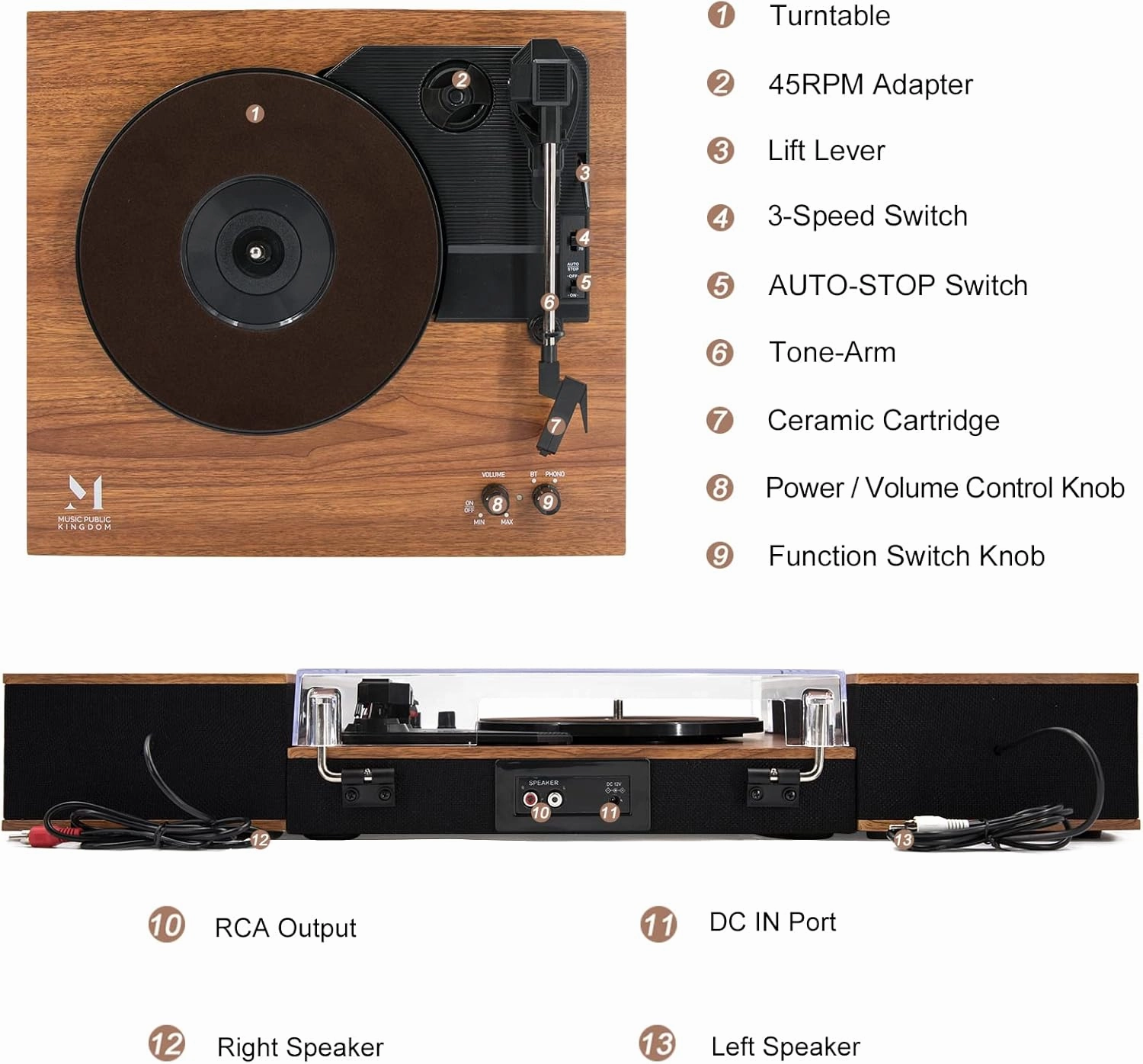 MPK Bluetooth Record Player,Turntable HiFi System with Bookshelf Speakers, 3-Speed Belt-Drive Vinyl Turntable for Vinyl Records with Wireless Playback and Auto-Stop,Yellow Wood