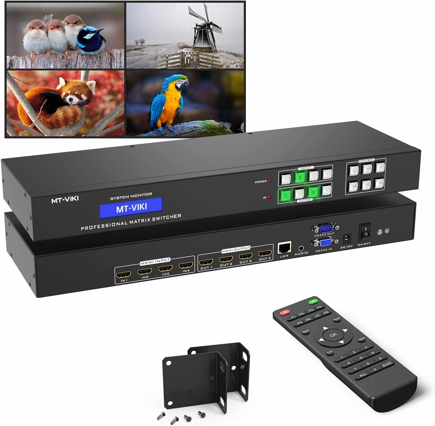MT-VIKI 4K HDMI Matrix Switch 4x4 with 3.5mm Stereo Audio Extractor  Web GUI, Rack Mount Switcher & Splitter, 4K@30Hz, EDID, RS232, LAN Port, APP (4 in 4 Out) audio rack,hi-fi component stand,media shelf,