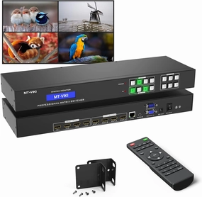 MT-VIKI 4K HDMI Matrix Switch 4x4 with 3.5mm Stereo Audio Extractor  Web GUI, Rack Mount Switcher & Splitter, 4K@30Hz, EDID, RS232, LAN Port, APP (4 in 4 Out) audio rack,hi-fi component stand,media shelf,