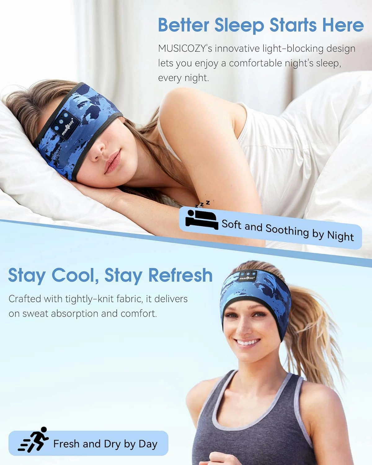 MUSICOZY Bluetooth 5.4 Sleep Headband Headphones, Wireless Sweatproof Earbuds for Sleeping, Sports, Workout, Running, Travel, Yoga - Ideal Gift for Men & Women