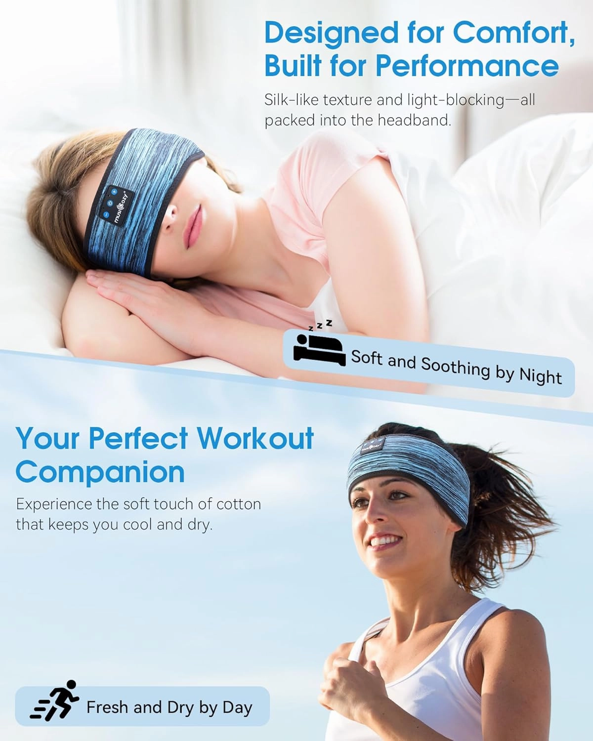 MUSICOZY Sleep Headphones Bluetooth 5.4 Headband, Wireless Music Sleeping Mask Headphones Earbuds Earphones Sweatproof for Women Mom Sports Workout Running Jogging Yoga Cool Gadgets Unique Gifts