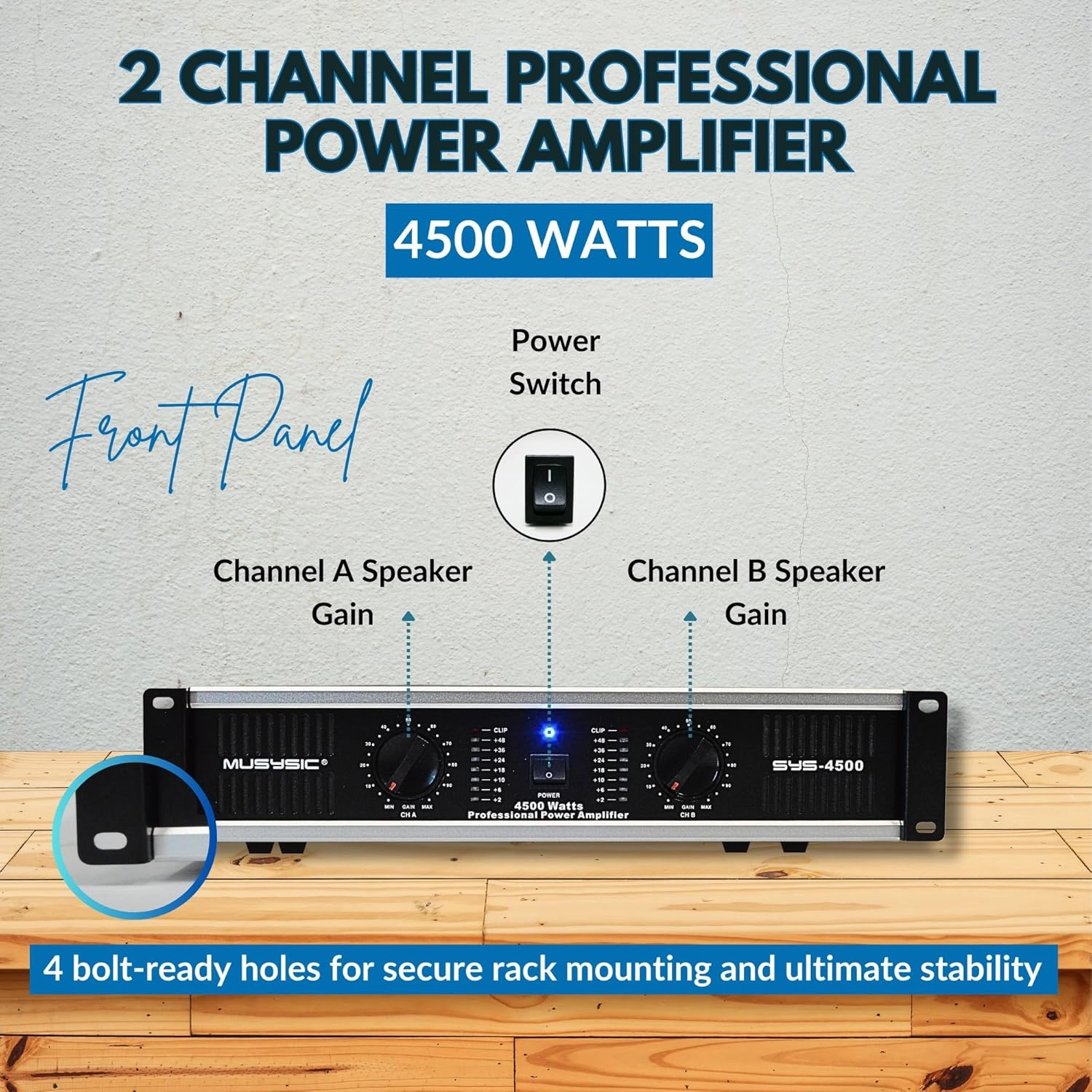 MUSYSIC 2 Channel Power Amplifier Distortion Free and Clear Sound - Professional 2U Chassis Rack Mount Amplifiers for DJs/Experts/Events w/ATR Technology/XLR and 1/4 Inch Inputs - 4500 Watts