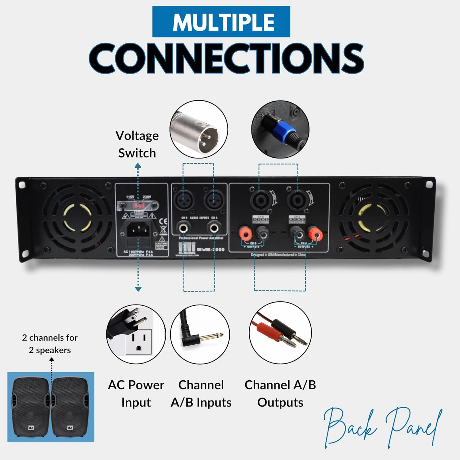 MUSYSIC 2 Channel Power Amplifier Distortion Free and Clear Sound - Professional 2U Chassis Rack Mount Amplifiers for DJs/Experts/Events w/ATR Technology/XLR and 1/4 Inch Inputs - 4500 Watts