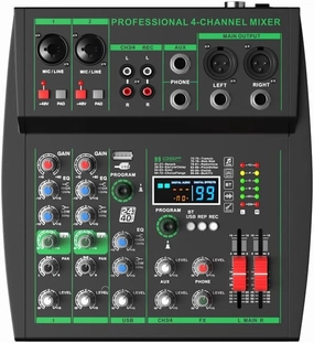 mw-4 black 4Channel Audio Mixer with 99 Sound Effects for PC,Portable Sound Mixing Console with BT USB Recording Input for Live Streaming,Podcasting audio interface,USB interface,music recording input,