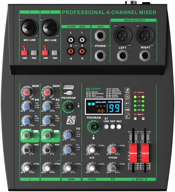 mw-4 black 4Channel Audio Mixer with 99 Sound Effects for PC,Portable Sound Mixing Console with BT USB Recording Input for Live Streaming,Podcasting audio interface,USB interface,music recording input,