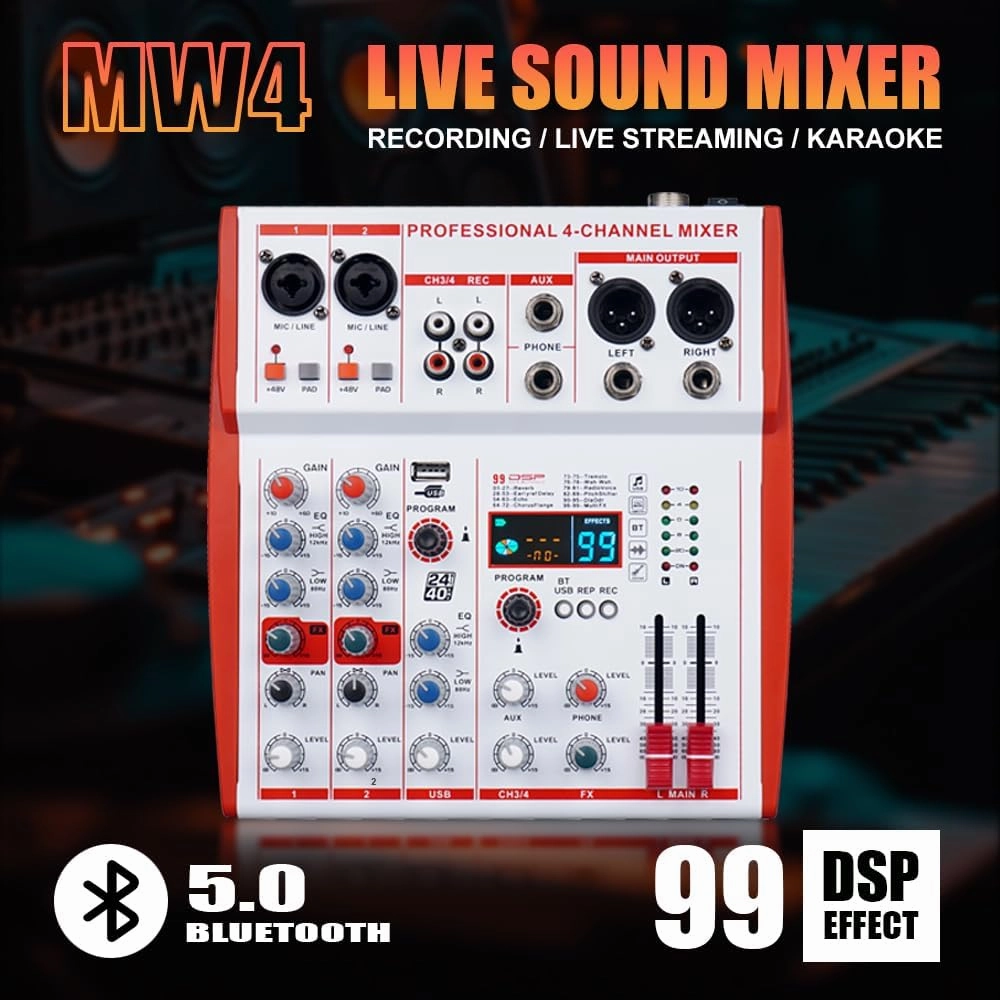 MW-4 Professional 4-Channel USB Audio Mixer Bluetooth 5.0 99 Sound Portable for DJ/Live/Recording/K Song