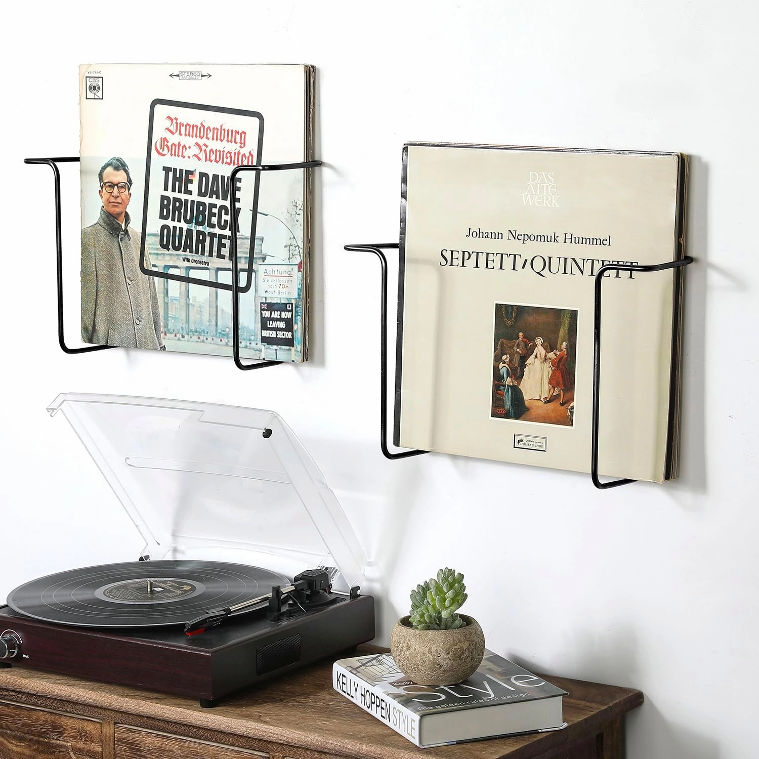 MyGift Modern Metal Wire Wall Mounted Vinyl Records Storage Racks, Hanging LP Record Holders, Floating Album Cover Display Shelves, Set of 2 (Black-2 Pcs)