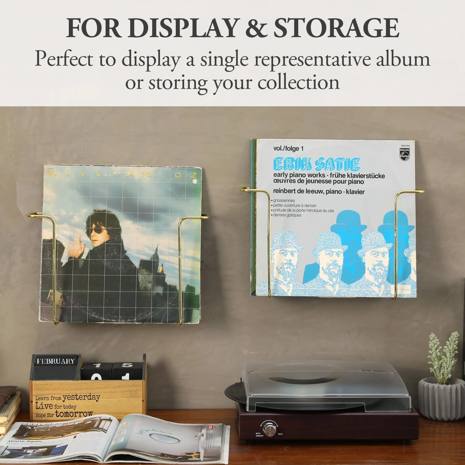 MyGift Modern Metal Wire Wall Mounted Vinyl Records Storage Racks, Hanging LP Record Holders, Floating Album Cover Display Shelves, Set of 2 (Brass- 4 Pcs)