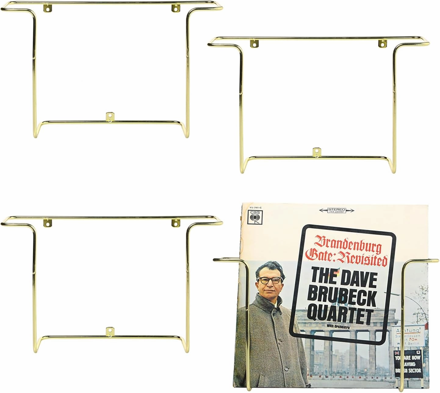MyGift Modern Metal Wire Wall Mounted Vinyl Records Storage Racks, Hanging LP Record Holders, Floating Album Cover Display Shelves, Set of 2 (Brass- 4 Pcs)