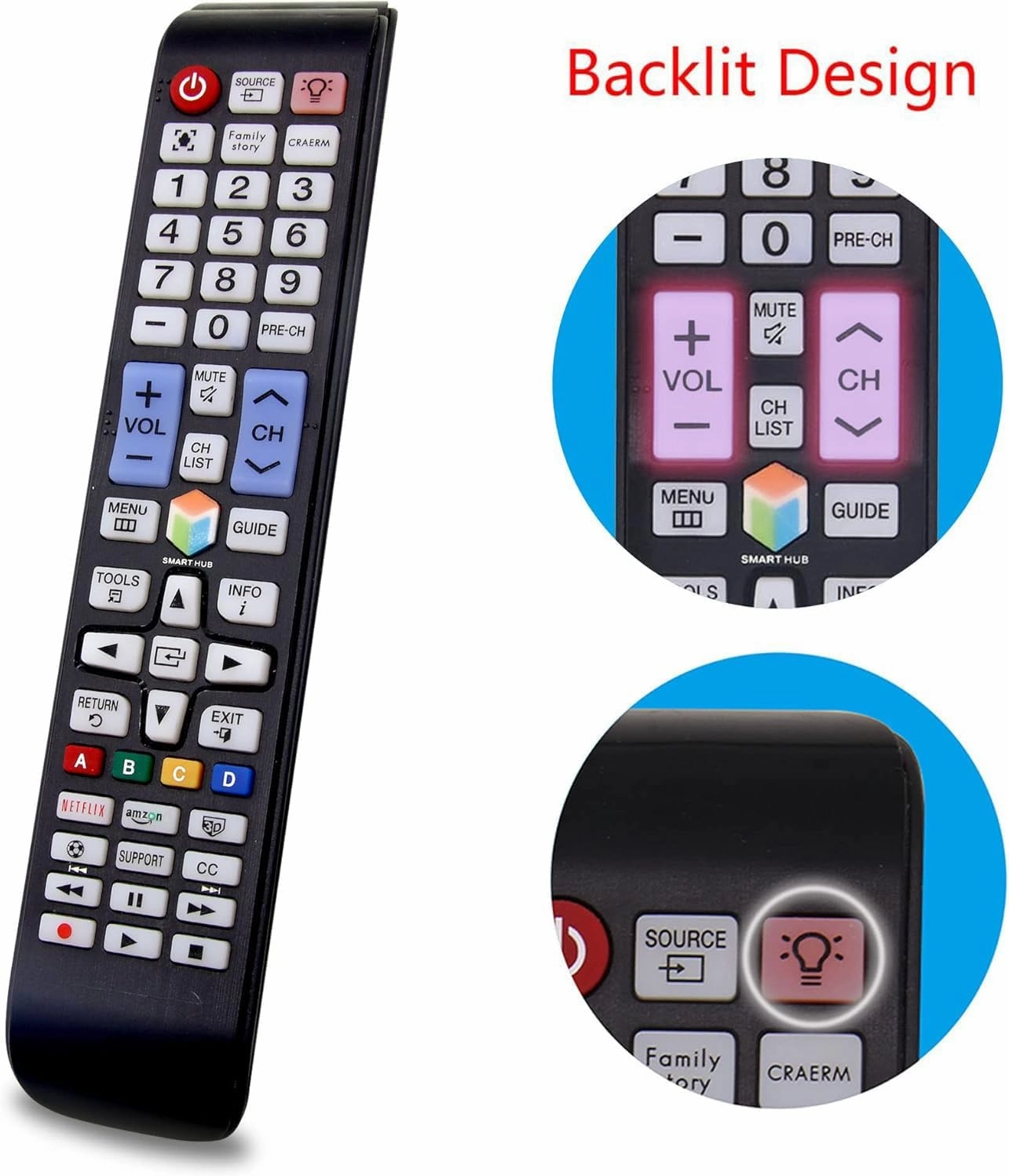 MYHGRC-Replacement Samsung Backlit TV Remote Control for All Samsung LED Smart TVs with Netflix, Prim Video, Smart Hub Button