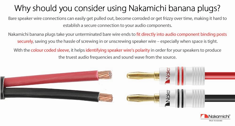 Nakamichi Excel Series 24k Gold Plated Banana Plug 12 AWG - 18 AWG Gauge Size 4mm for Speakers Amplifier Hi-Fi AV Receiver Stereo Home Theatre Audio Wire Cable Screw Connector 12 Pcs (6-Pairs)