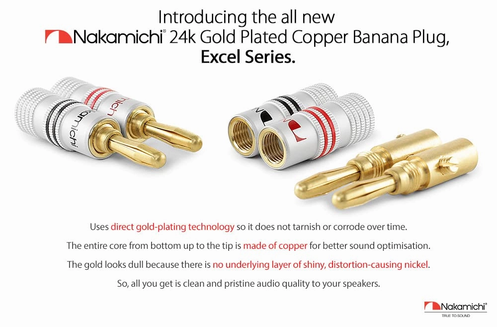 Nakamichi Excel Series 24k Gold Plated Banana Plug 12 AWG - 18 AWG Gauge Size 4mm for Speakers Amplifier Hi-Fi AV Receiver Stereo Home Theatre Audio Wire Cable Screw Connector 12 Pcs (6-Pairs)