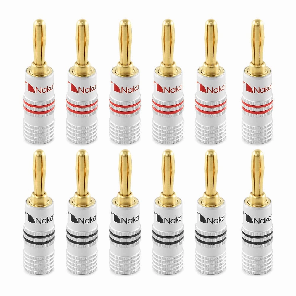 Nakamichi Excel Series 24k Gold Plated Banana Plug 12 AWG - 18 AWG Gauge Size 4mm for Speakers Amplifier Hi-Fi AV Receiver Stereo Home Theatre Audio Wire Cable Screw Connector 12 Pcs (6-Pairs) speaker cable,audio wire,hi-fi speaker cord,