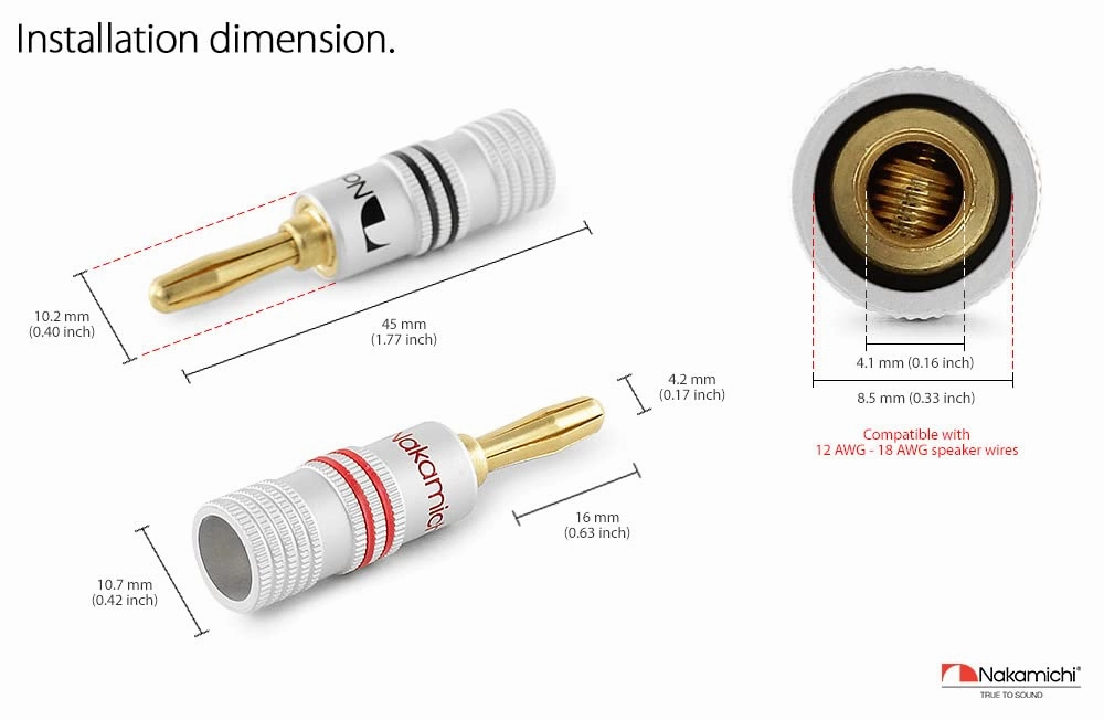 Nakamichi Excel Series 24k Gold Plated Banana Plug 12 AWG - 18 AWG Gauge Size 4mm for Speakers Amplifier Hi-Fi AV Receiver Stereo Home Theatre Audio Wire Cable Screw Connector 12 Pcs (6-Pairs)