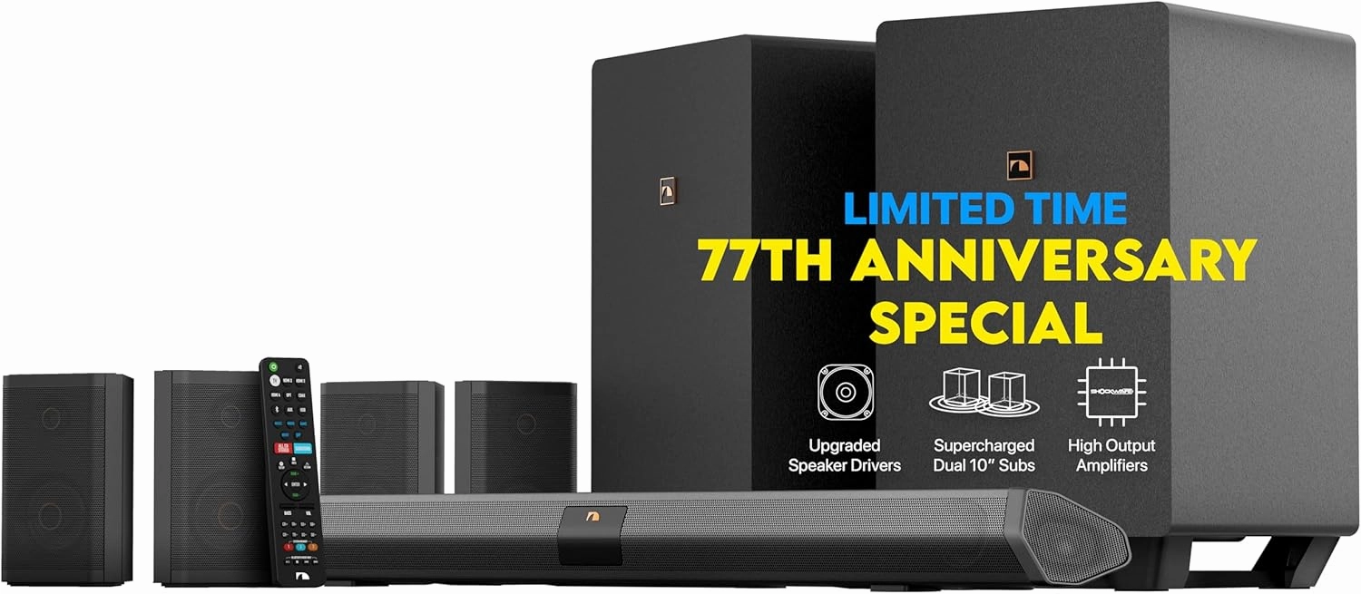 Nakamichi Shockwafe Ultra 9.2.4 Channel Dolby Atmos/DTS:X Soundbar with Dual 10" Subwoofers (Wireless), 4 Rear Surround Effects Speakers, eARC and SSE Max Technology (Flagship) soundbar,TV speaker bar,home theater soundbar,