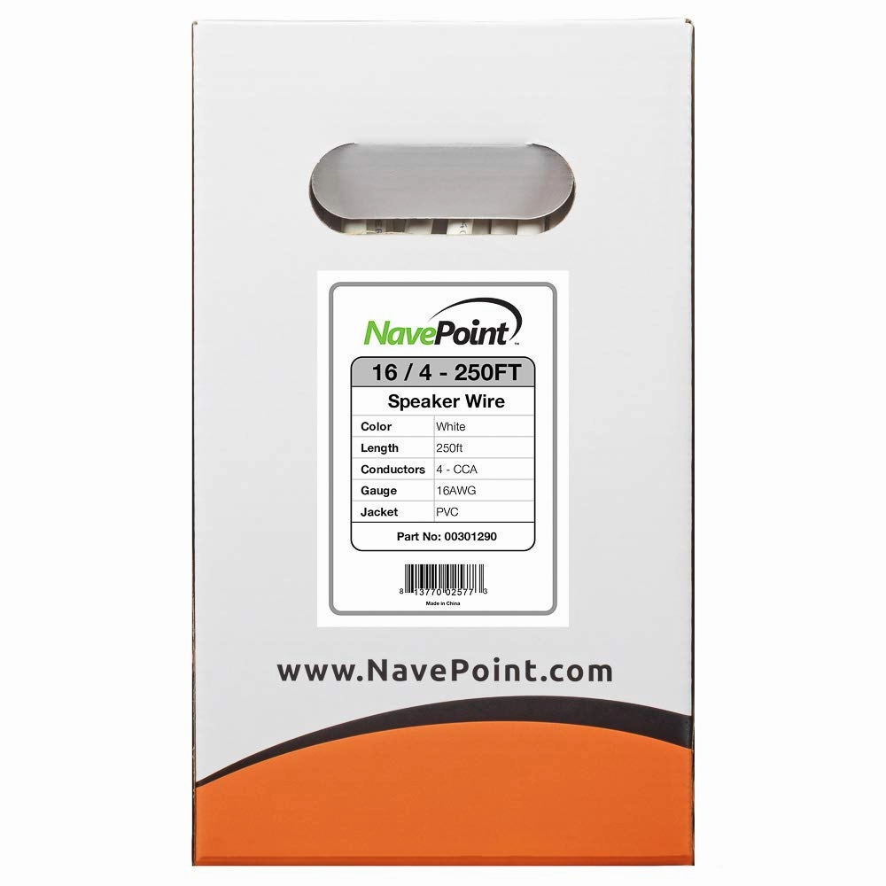 NavePoint 250ft in Wall Audio Speaker Cable Wire CL2 16/4 AWG Gauge 4 Conductor Bulk White
