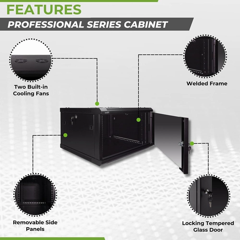 Navepoint 6U Deluxe IT Wallmount Cabinet Enclosure 19-Inch Server Network Rack with Locking Glass Door 24-Inches Deep Black