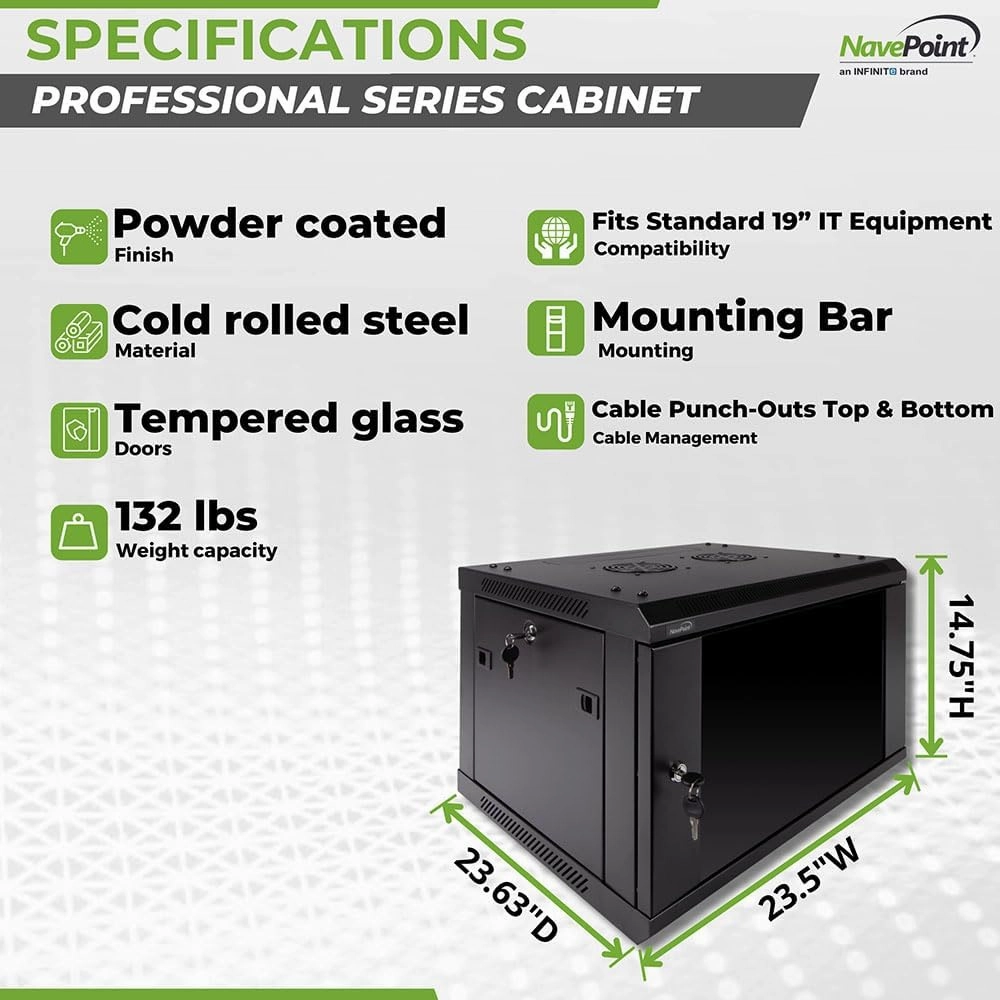 Navepoint 6U Deluxe IT Wallmount Cabinet Enclosure 19-Inch Server Network Rack with Locking Glass Door 24-Inches Deep Black