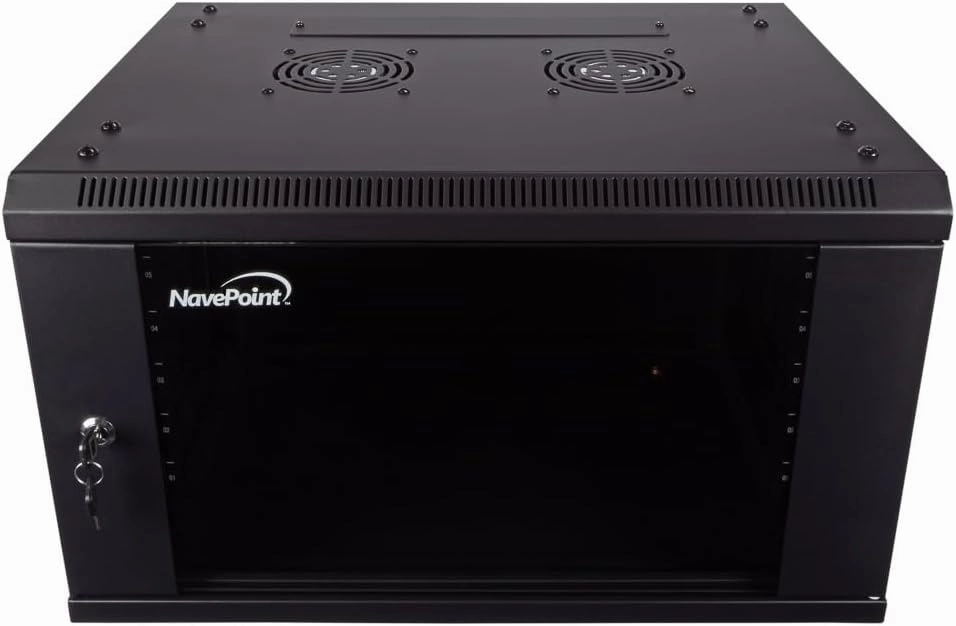 NavePoint 6U Server Cabinet Wall Mount Rack Enclosure Includes 2 Fans, Locking Glass Door, Removable Side Panels  6U Network Cabinet 17.7 Deep, 19 Inch Server Rack for IT and A/V Equipment equipment cabinet,AV gear cabinet,component enclosure,