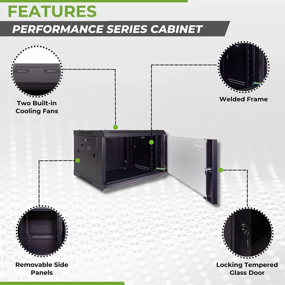 NavePoint 6U Server Cabinet Wall Mount Rack Enclosure Includes 2 Fans, Locking Glass Door, Removable Side Panels  6U Network Cabinet 17.7 Deep, 19 Inch Server Rack for IT and A/V Equipment