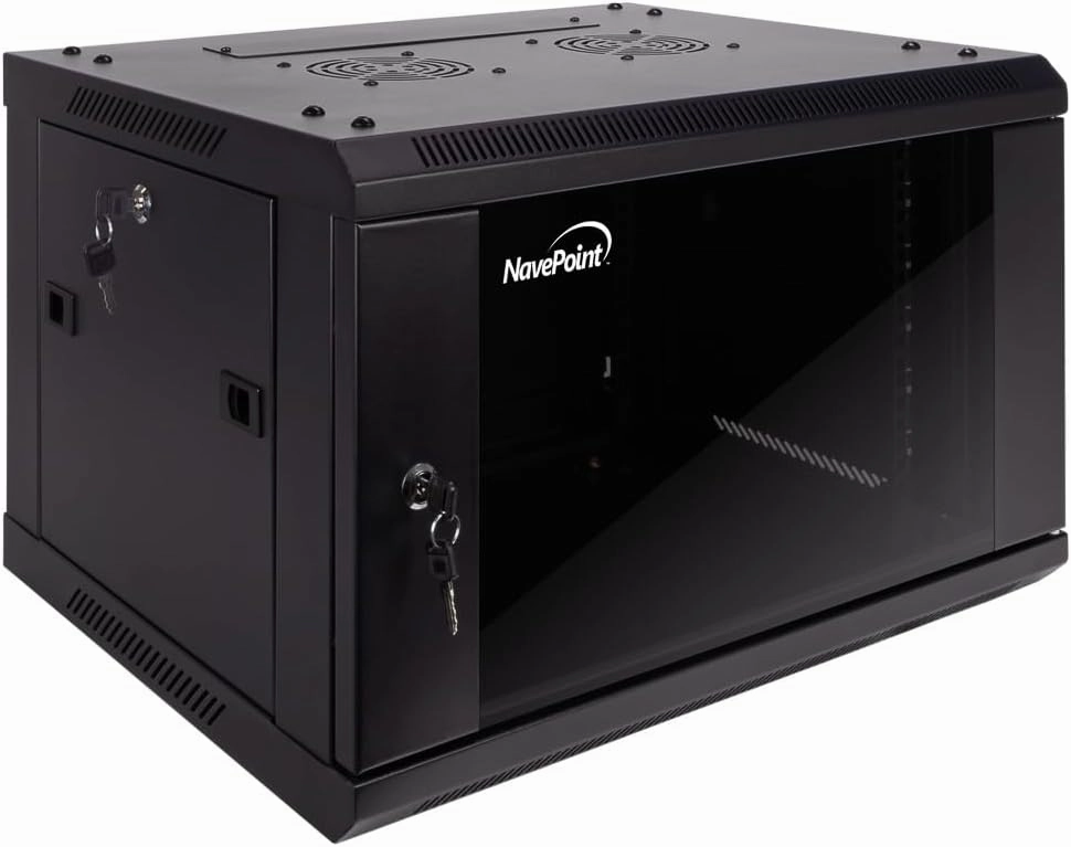 NavePoint 6U Server Cabinet Wall Mount Rack Enclosure Includes 2 Fans, Locking Glass Door, Removable Side Panels  6U Network Cabinet 17.7 Deep, 19 Inch Server Rack for IT and A/V Equipment