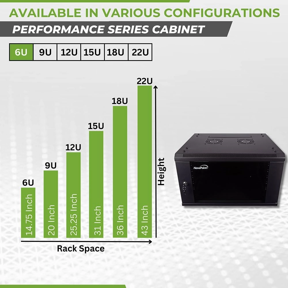 NavePoint 6U Server Cabinet Wall Mount Rack Enclosure Includes 2 Fans, Locking Glass Door, Removable Side Panels  6U Network Cabinet 17.7 Deep, 19 Inch Server Rack for IT and A/V Equipment