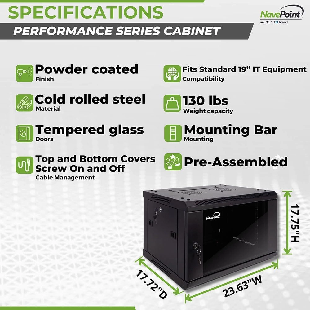 NavePoint 6U Server Cabinet Wall Mount Rack Enclosure Includes 2 Fans, Locking Glass Door, Removable Side Panels  6U Network Cabinet 17.7 Deep, 19 Inch Server Rack for IT and A/V Equipment