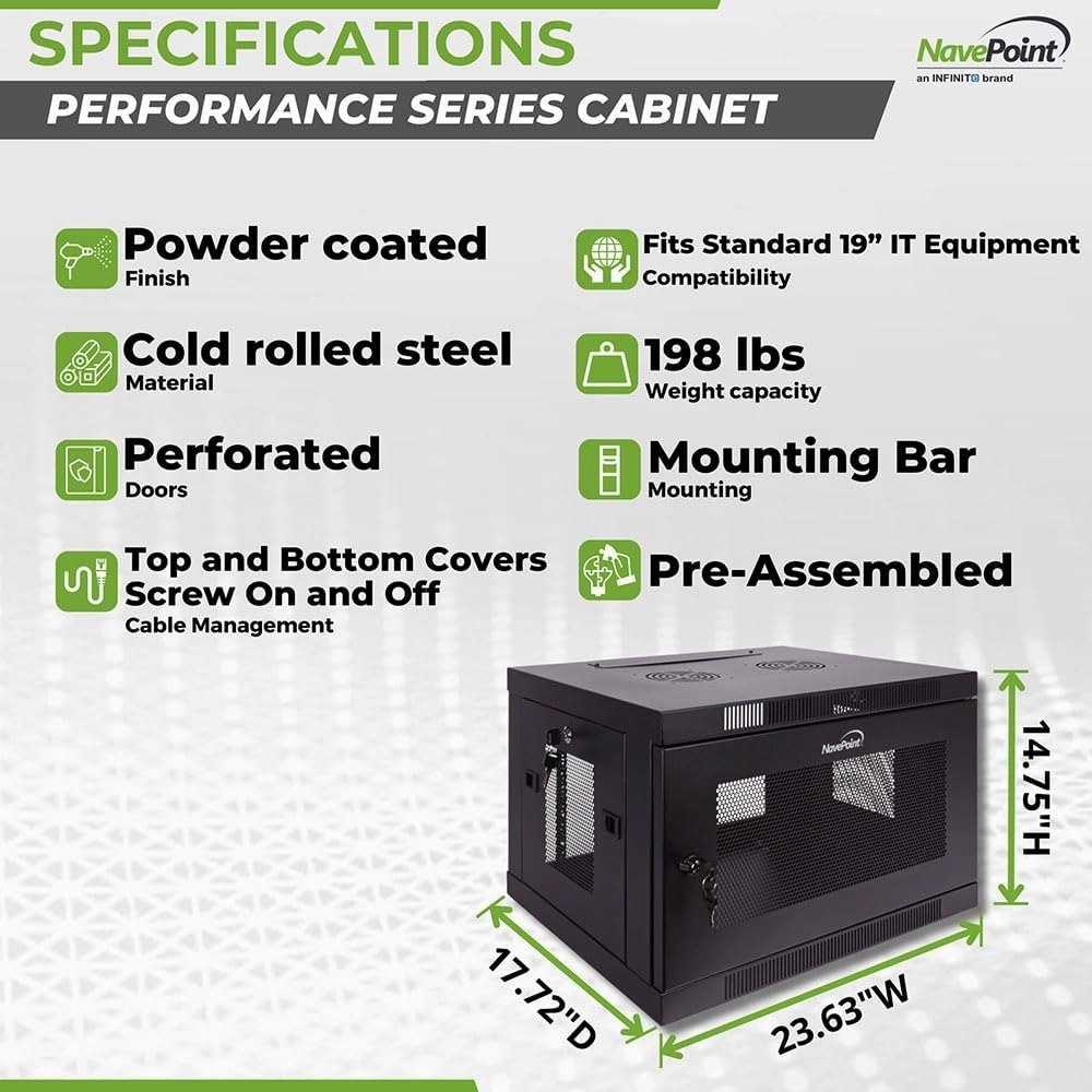 NavePoint 6U Server Cabinet Wall Mount Rack Enclosure with Perforated Door, Locking, Removable Side Panels  6U Network Cabinet 17.7 Deep, 19 Inch Server Rack for IT and A/V Equipment