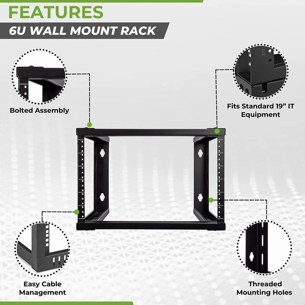 NavePoint 6U Wall Mount Open Frame 19 Inch Server Equipment Rack Threaded 16 inch Depth Black