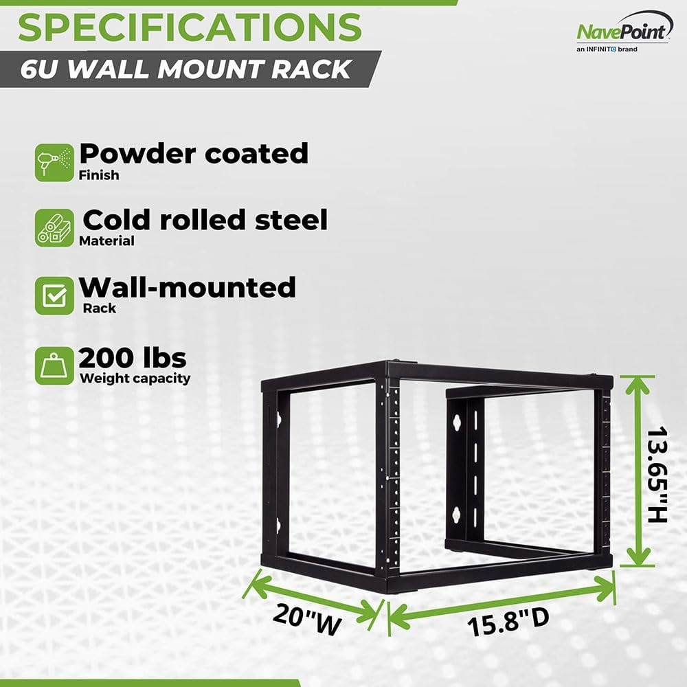 NavePoint 6U Wall Mount Open Frame 19 Inch Server Equipment Rack Threaded 16 inch Depth Black