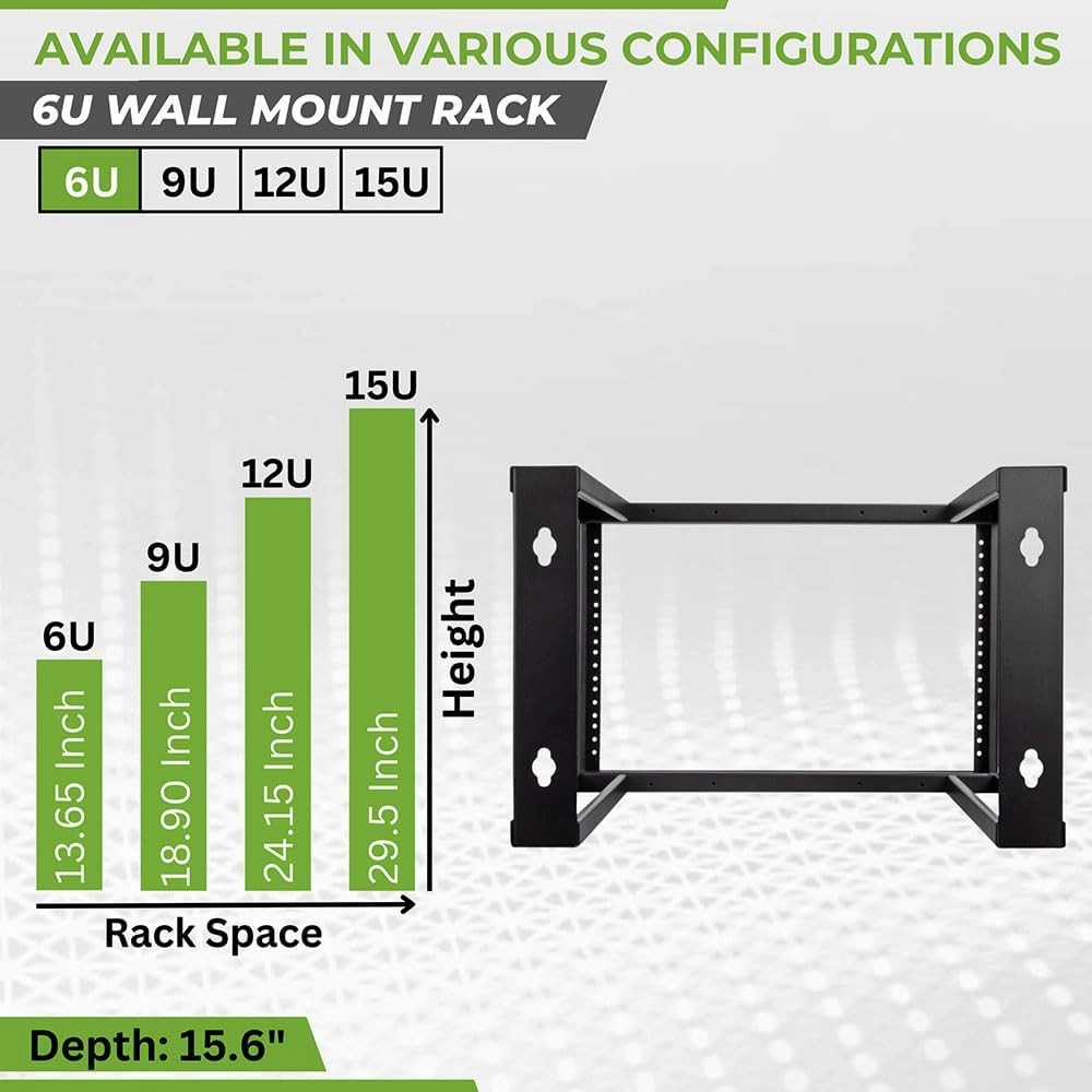 NavePoint 6U Wall Mount Open Frame 19 Inch Server Equipment Rack Threaded 16 inch Depth Black
