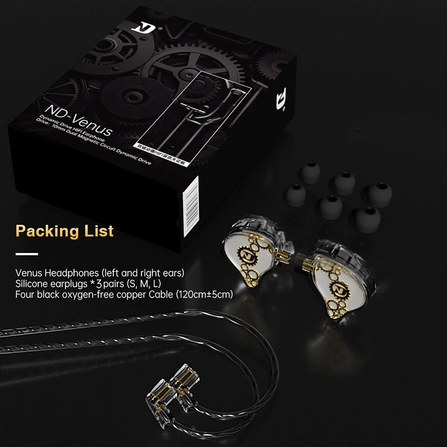ND Venus in Ear Monitor Headphones, 10mm Double Magnetic Dynamic Driver IEM Earphones, HiFi Wired Gaming Earbuds, 2 Pin Detachable Cable (with Mic, Crystal, 3.5mm Plug)