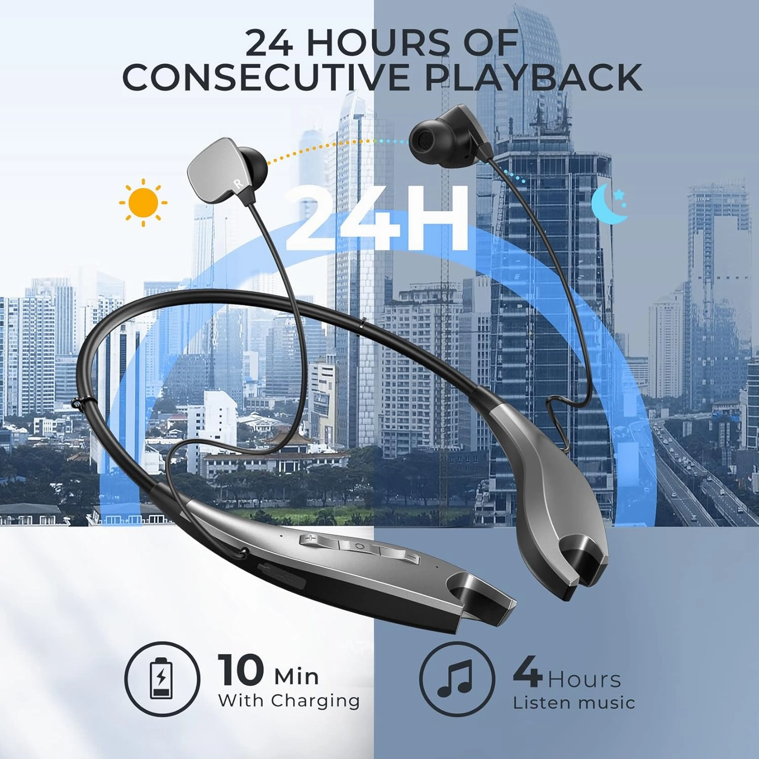 Neckband Bluetooth Headphones, Around The Neck Headphones 24H  Playtime, Bluetooth Headsets with Call Vibration, Shark Jaw Design Wireless Earbuds Noise Isolation/Mic/IPX7 Waterproof, Silver