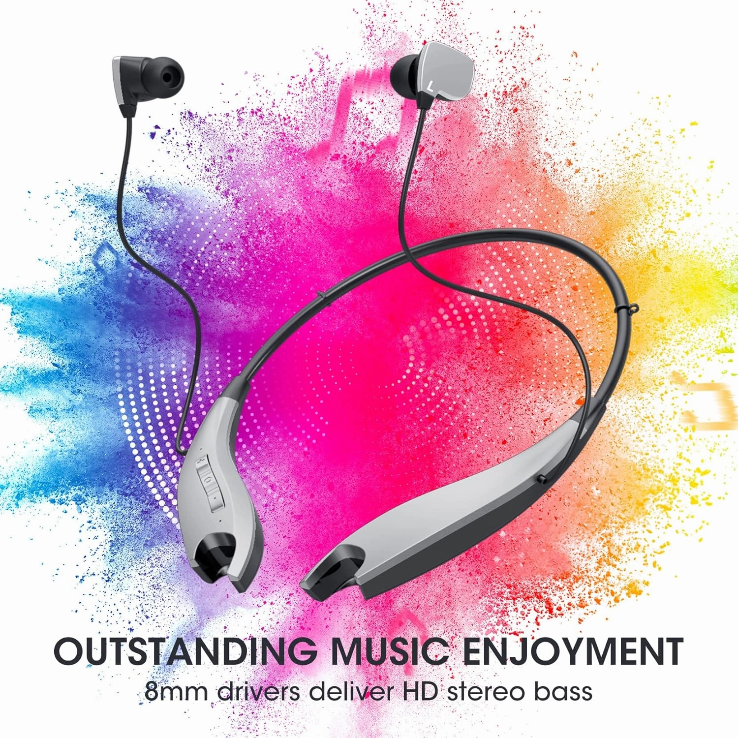 Neckband Bluetooth Headphones, Around The Neck Headphones 24H  Playtime, Bluetooth Headsets with Call Vibration, Shark Jaw Design Wireless Earbuds Noise Isolation/Mic/IPX7 Waterproof, Silver