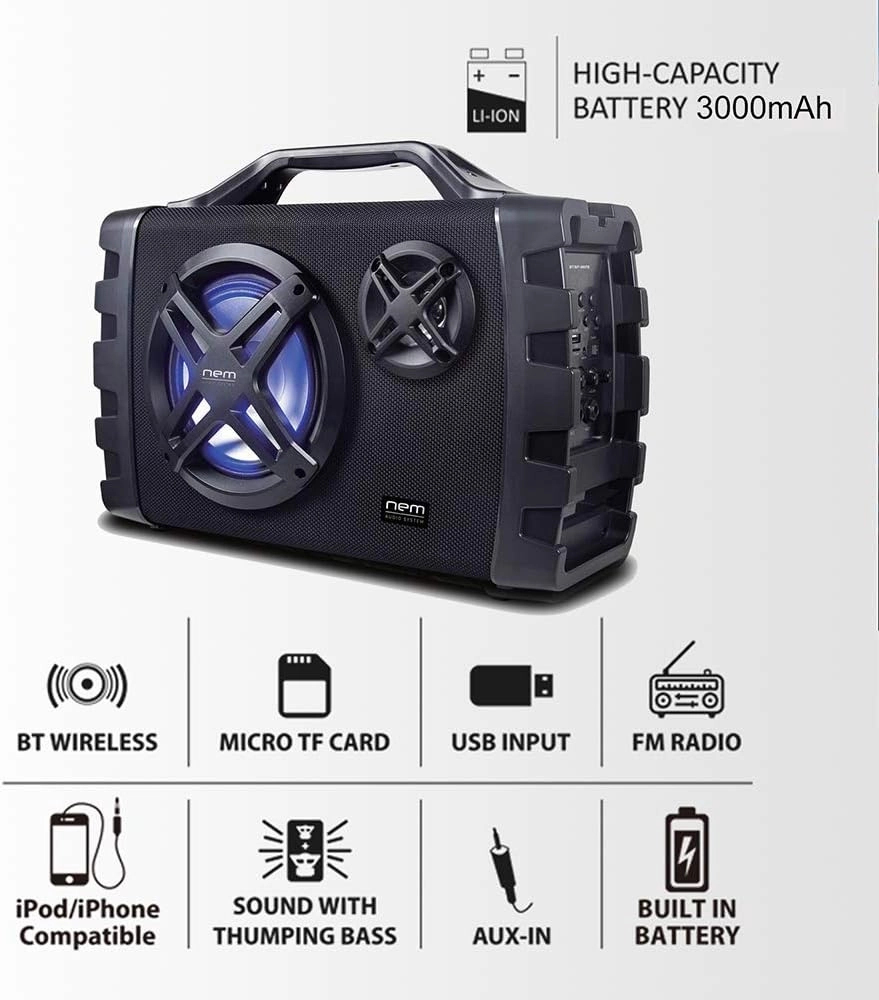 NEM Mobi7e Portable Wireless Bluetooth High Performance Stereo Speaker Extra Bass, USB Recording, Rechargeable Battery, AUX and TF Card Input, FM Radio, MP3, Mic and Guitar Input, LED Lights (Black)