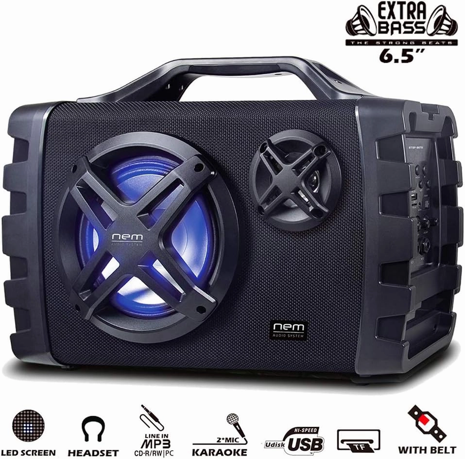 NEM Mobi7e Portable Wireless Bluetooth High Performance Stereo Speaker Extra Bass, USB Recording, Rechargeable Battery, AUX and TF Card Input, FM Radio, MP3, Mic and Guitar Input, LED Lights (Black)