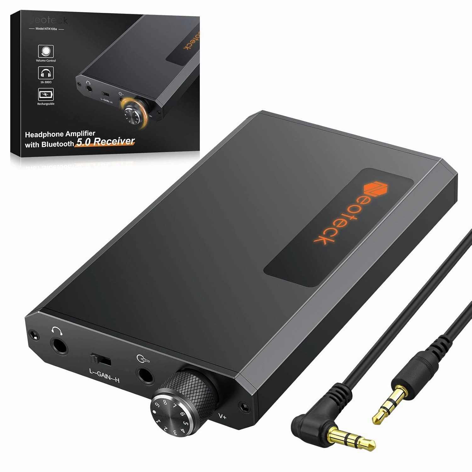 Neoteck Portable 3.5mm Headphone Amplifier with Bluetooth 5.0 Receiver, Two-Stage Gain Switch, 16-300 Ohm HiFi Earphone Amp, Aluminum Matte Surface headphone amplifier,portable amp,desktop headphone amp,
