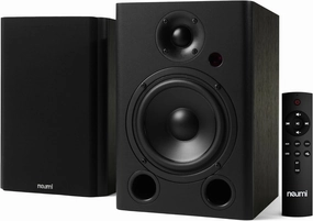 NEUMI BS5P-ARC 75-Watt Powered Bookshelf Speakers, Bluetooth, HDMI, USB, Optical, Coaxial, Remote Control, 5-Inch Woofer, 1-Inch Tweeter, Dark Wood, 1 Pair bookshelf speakers,compact stereo speakers,hi-fi shelf speakers,