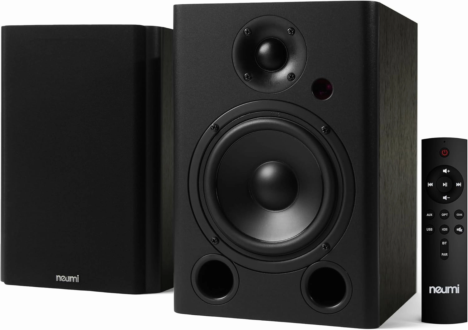 NEUMI BS5P-ARC 75-Watt Powered Bookshelf Speakers, Bluetooth, HDMI, USB, Optical, Coaxial, Remote Control, 5-Inch Woofer, 1-Inch Tweeter, Dark Wood, 1 Pair bookshelf speakers,compact stereo speakers,hi-fi shelf speakers,