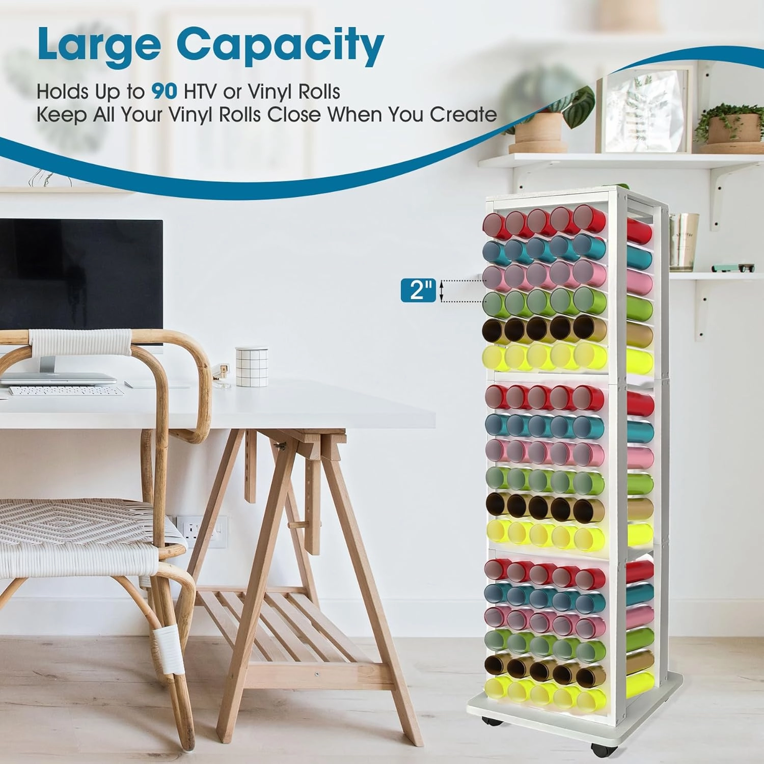 NewEle Mobile Vinyl Roll Holder - 90 Compartments Vinyl Storage Cart with Locking Castor Wheels, Wooden 3-Tier Detachable HTV Organizer Rack for Craft Room Home DIY (2" Hole Size, White)