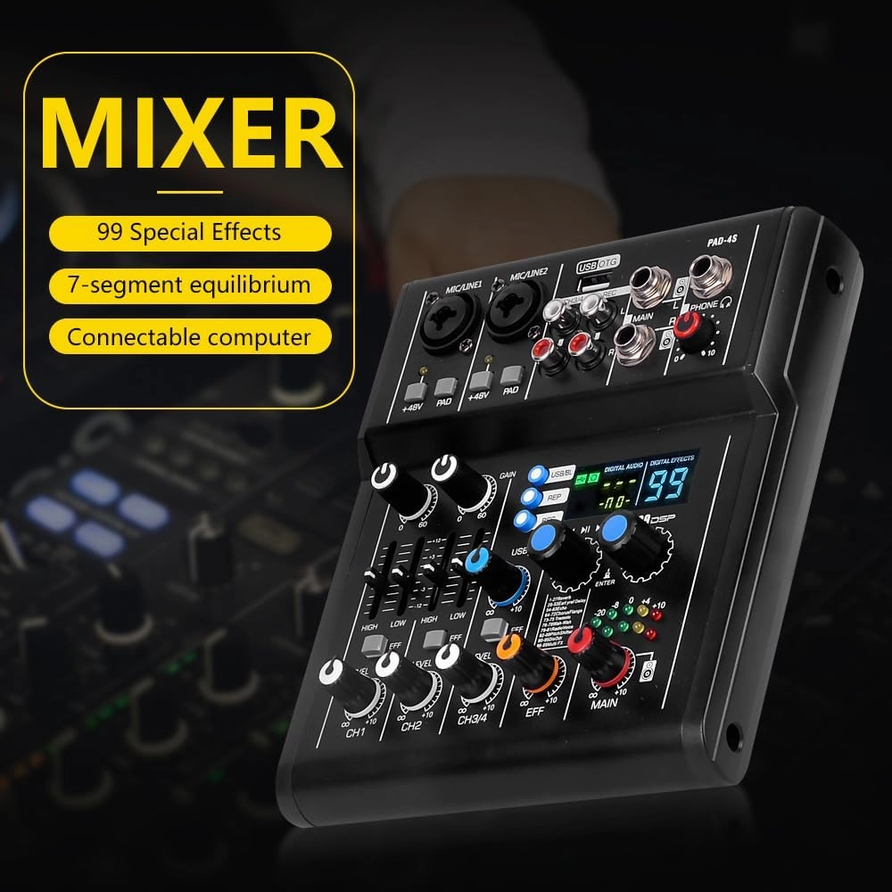 NG-3 4-Channel DJ Audio Mixer, Black Small Audio Mixing Console With 99 DSP Effects, 48V Phantom Power, USB Interface, Bluetooth MP3 Playback Sound Board