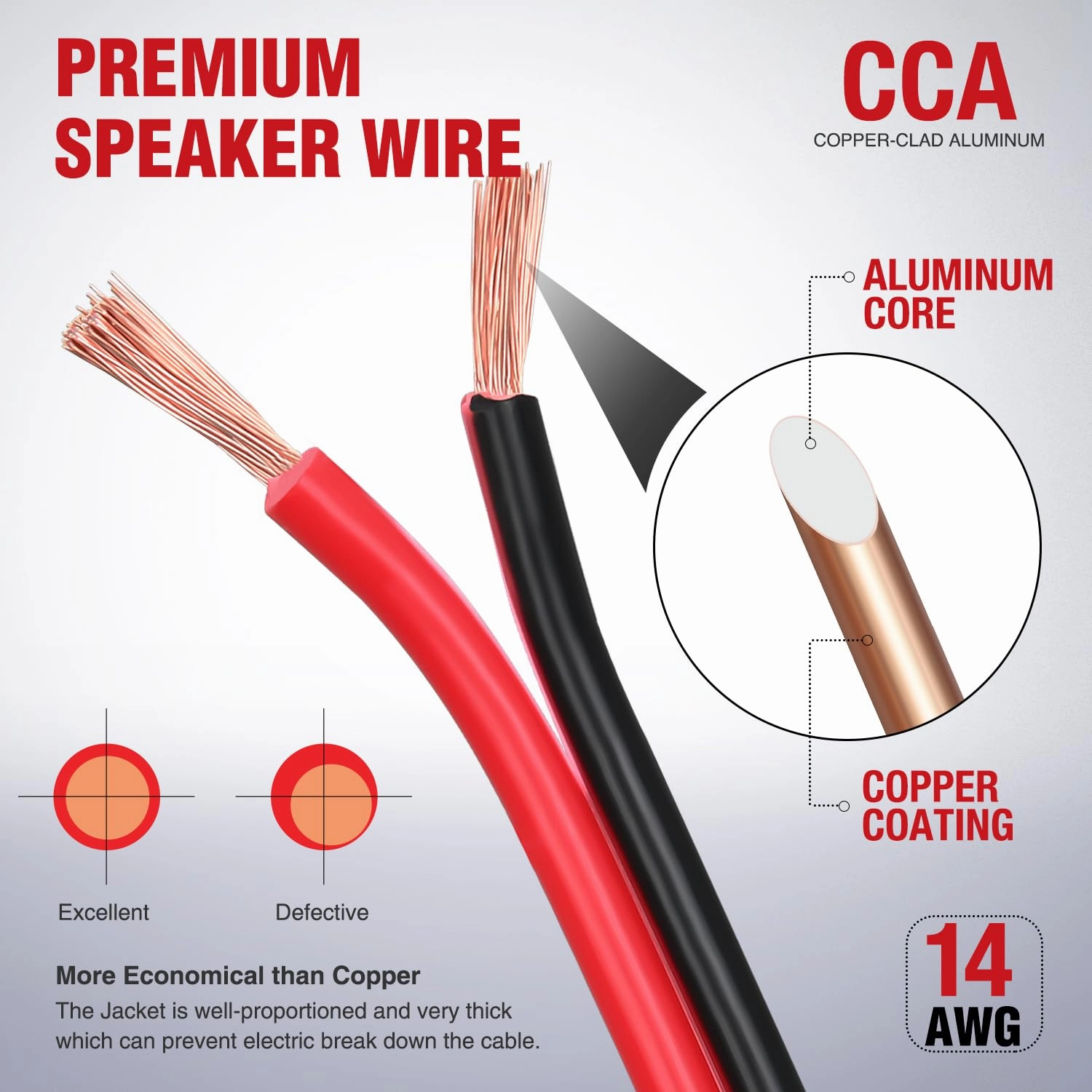 Nilight 100FT 14AWG Copper Clad Aluminum Wire 14/2 Gauge Red Black CCA Electrical Cable 2 Conductor Parallel 12V/24V DC Flexible Extension Cords for Car Audio Radio Speaker Amplifier