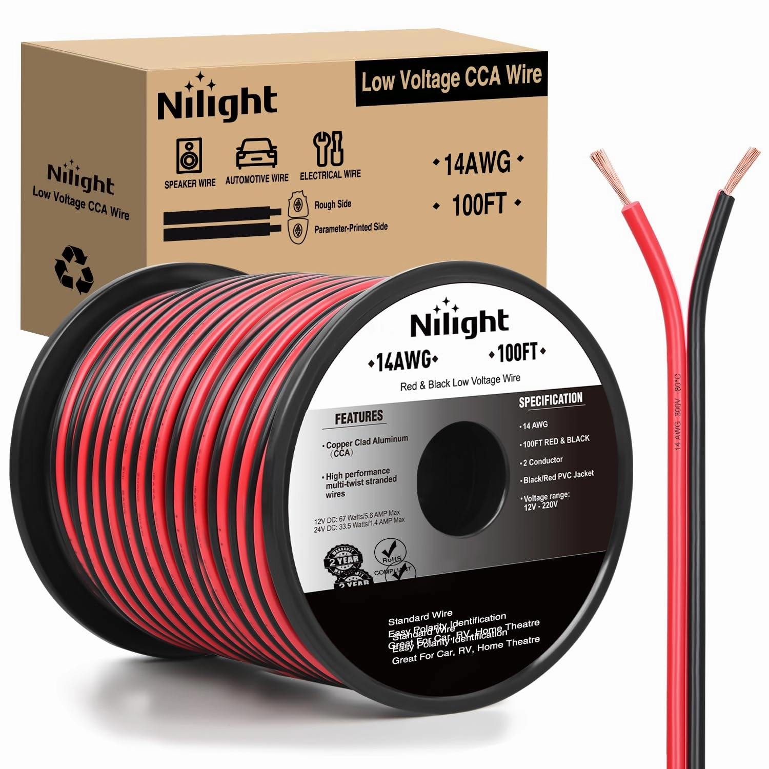 Nilight 100FT 14AWG Copper Clad Aluminum Wire 14/2 Gauge Red Black CCA Electrical Cable 2 Conductor Parallel 12V/24V DC Flexible Extension Cords for Car Audio Radio Speaker Amplifier speaker cable,audio wire,hi-fi speaker cord,