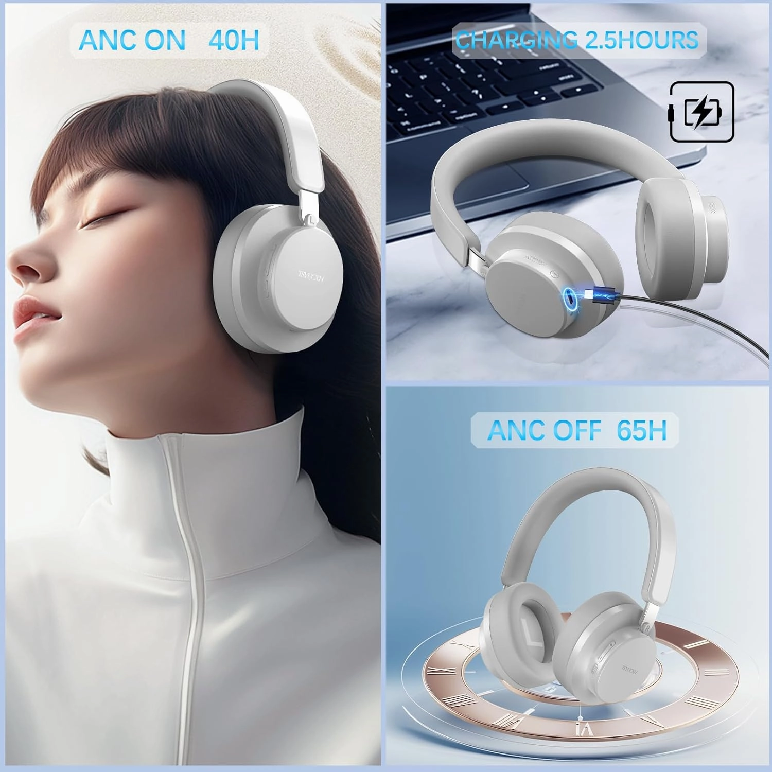 Noise Cancelling Headphones Wireless Bluetooth, Over Ear Headphone Bluetooth with Microphone, Cancelling Wireless Headphones Over Ear, 65h Playtime, Clear Calls, Comfort Fit for Travel (Grey)