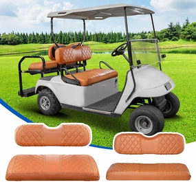 NOKINS 4PCS Golf Cart Diamond Seat Covers Kit, Front&Rear Seat Covers Fits EZGO TXT 1994-2013/EZGO RXV Standard Seat Cushion, EZGO Vinyl Seat Cover Accessories, No Staples(All Brown) vinyl accessories,turntable parts,record player tools,