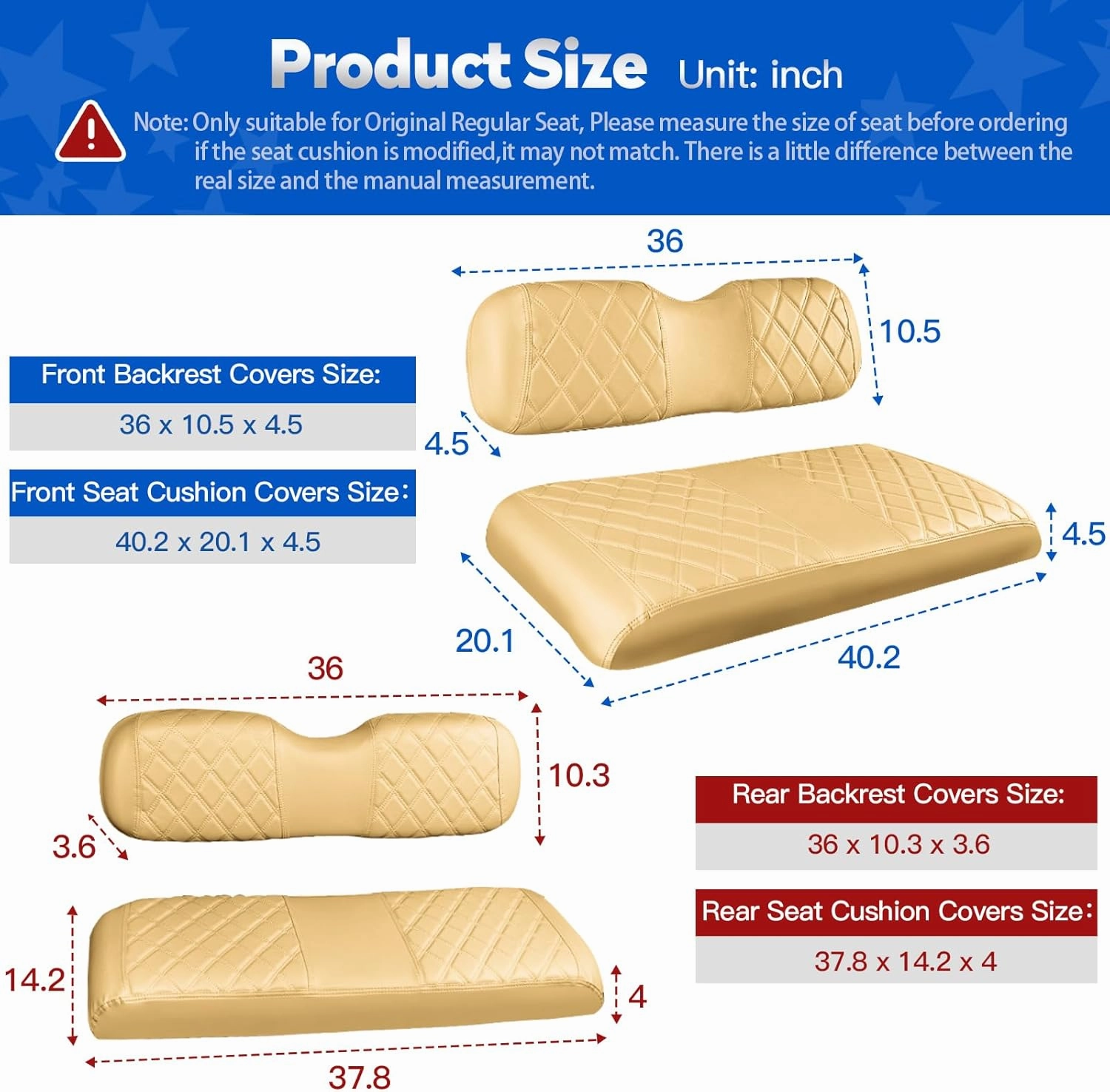 NOKINS 4PCS Golf Cart Diamond Seat Covers Kit, Front&Rear Seat Covers Fits EZGO TXT 1994-2013/EZGO RXV Standard Seat Cushion, EZGO Vinyl Seat Cover Accessories, No Staples (Beige)
